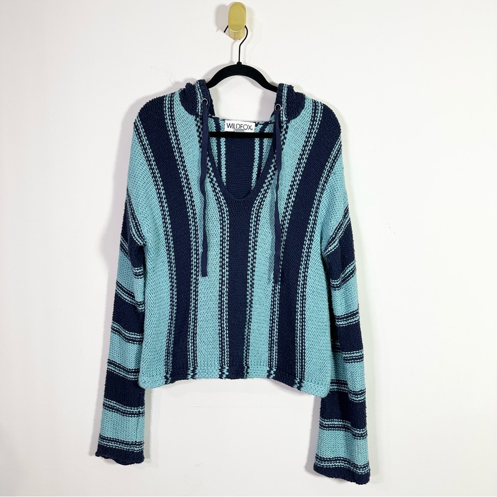 Wildfox Blue Stripe Drawstring Hooded Cotton Knit V-Neck Sweater